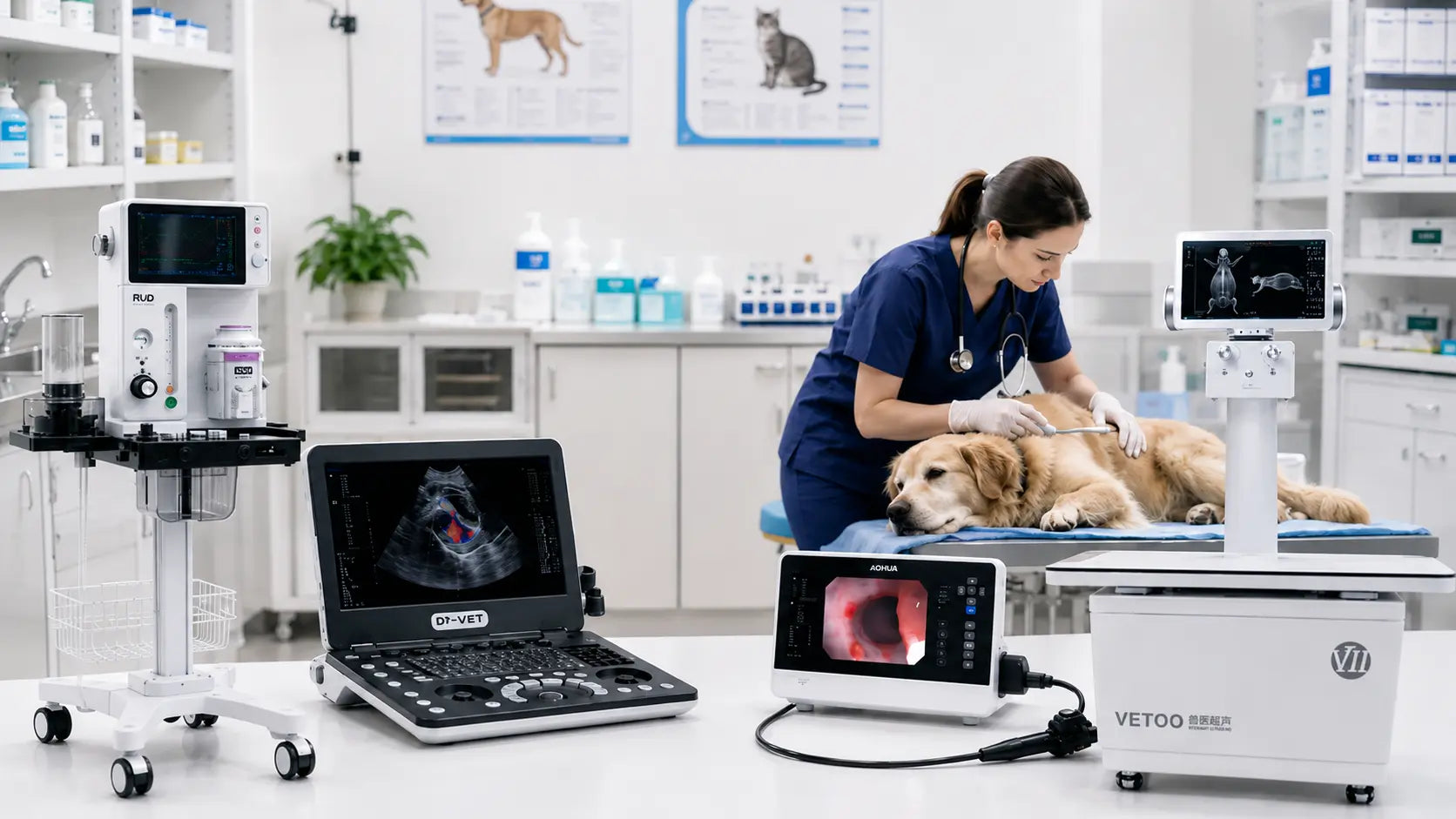 Equipos medicos veterinarios en clinica veterinaria con medico