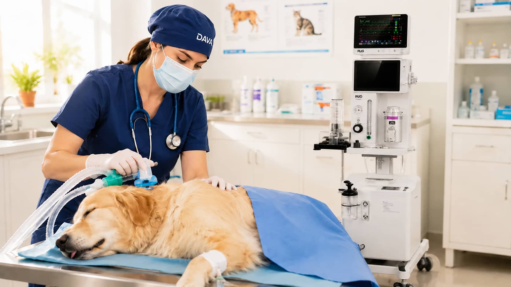 Medico aplicando anestesia veterinaria a perro golden en consultorio
