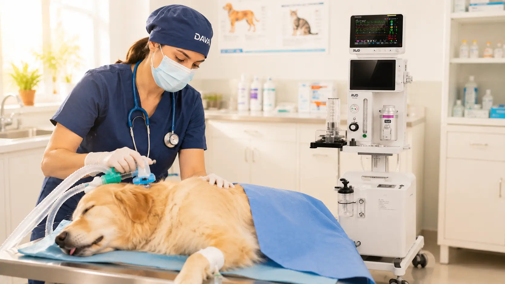 Medico aplicando anestesia veterinaria a perro golden en consultorio