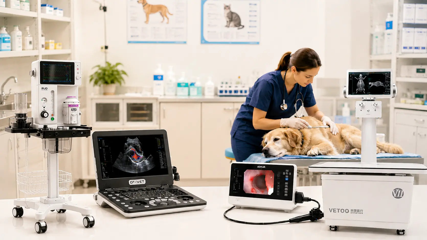 Equipos medicos veterinarios en clinica veterinaria con medico